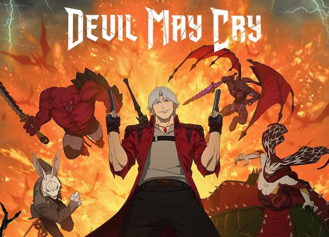 Imagen promocional de la serie animada basada en el videojuego Devil May Cry. En el centro está Dante, el protagonista, con dos pistolas, rodeado de demonios y criaturas fantásticas, con una explosión ardiente de fondo.